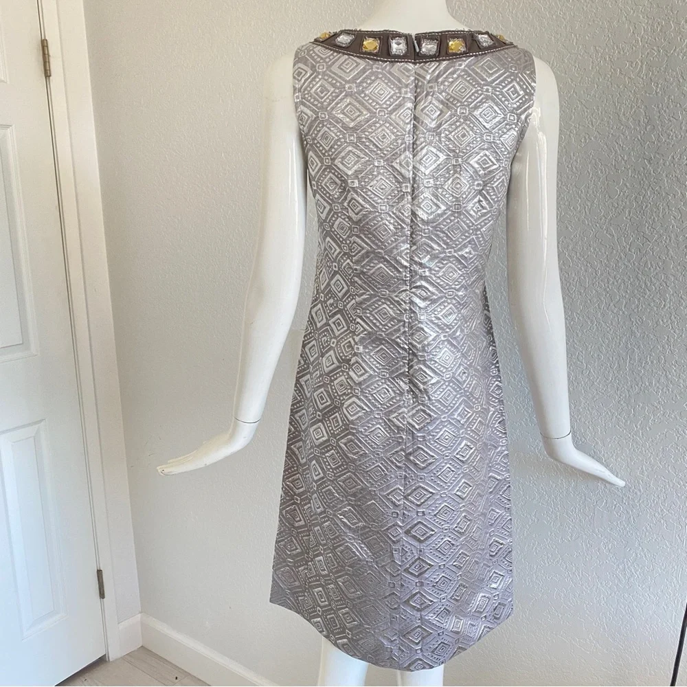 Tory Burch Jeweled V-neck Sheath Rosario Dress Sleeveless Silver Metallic